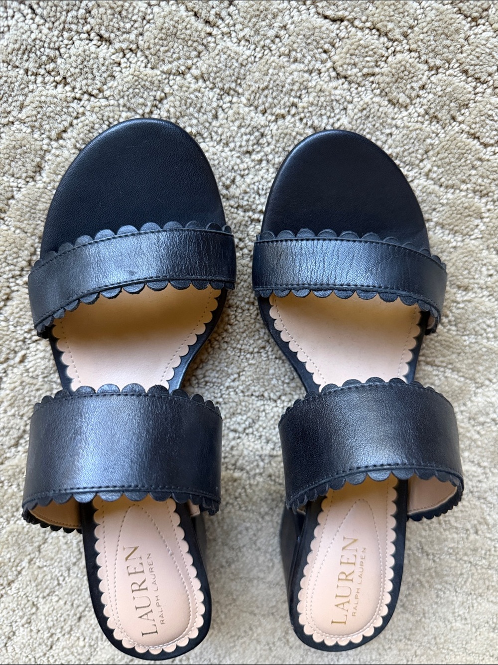 New! Lauren Ralph Lauren Black Double-Band Scalloped Slide Mules